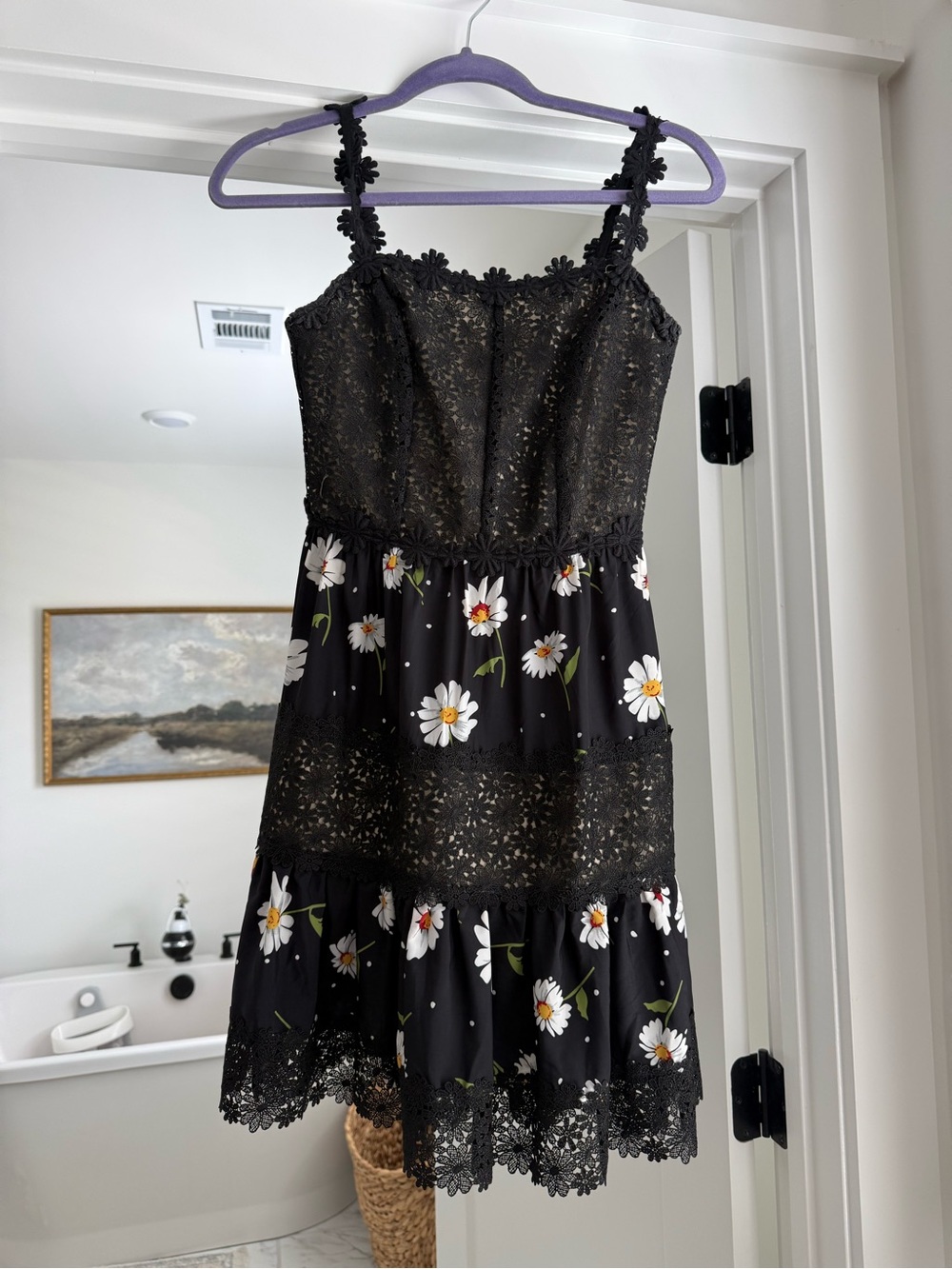 Black Floral Lace Tiered Midi Dress